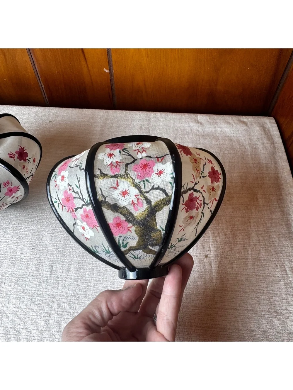 Vintage Japanese Hina Doll Bonbori Lantern Tops Pair Cherry Blossom Pink Black